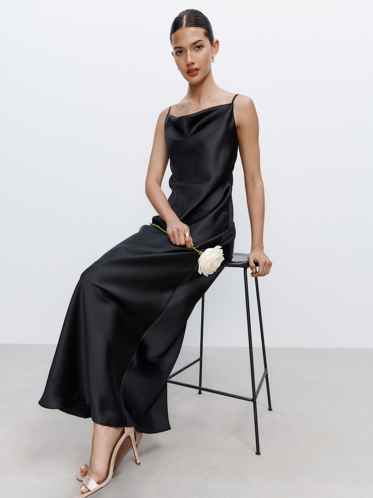 Black Bridesmaid Satin Cowl Neck V-Back Maxi Dress - Image 1 of 6