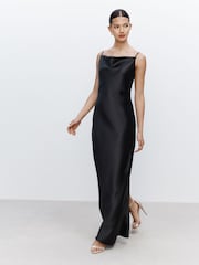 Black Bridesmaid Satin Cowl Neck V-Back Maxi Dress - Image 2 of 6
