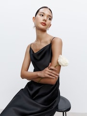 Black Bridesmaid Satin Cowl Neck V-Back Maxi Dress - Image 6 of 6
