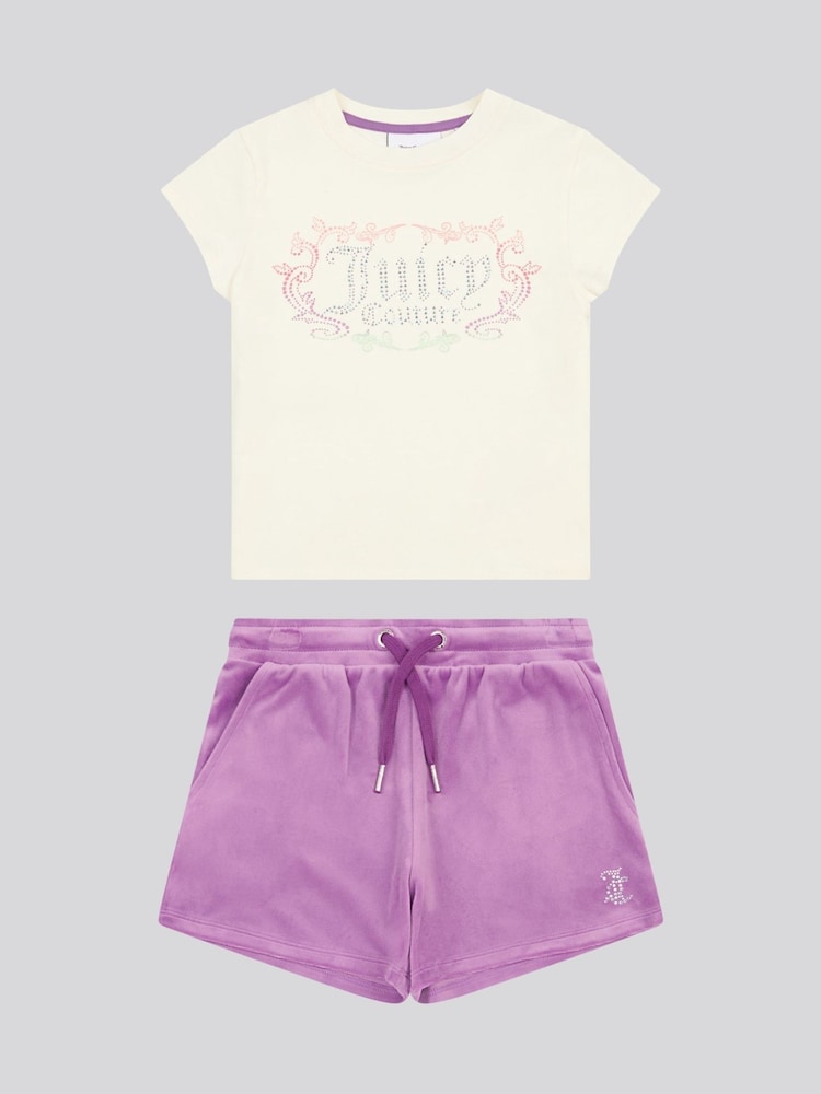 Juicy Couture Purple Girls Heritage Ringer T-Shirt & Velour Shorts Set - Image 6 of 10