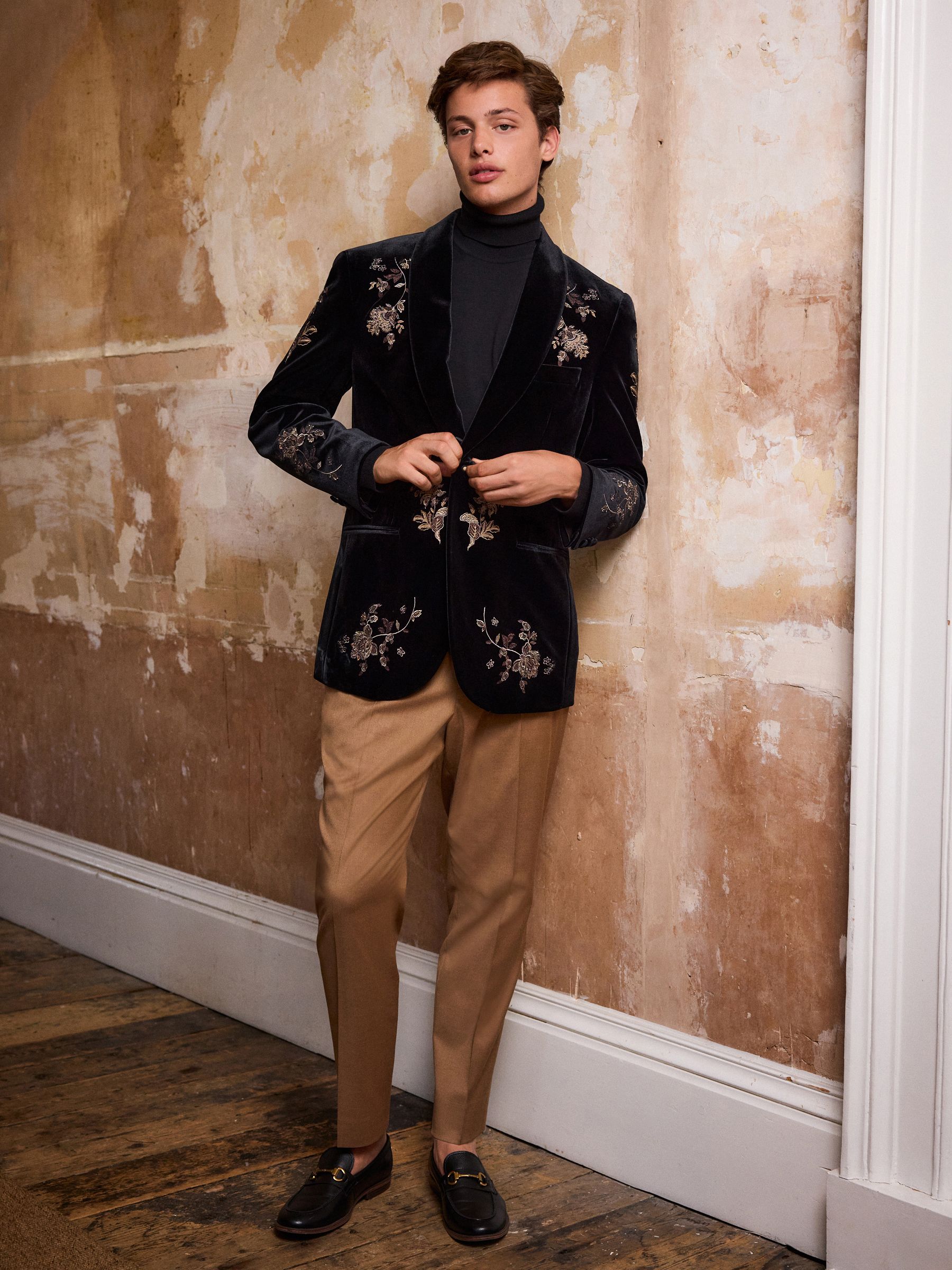 Buy Black Floral Regular Fit Embroidered Velvet Blazer from Next USA