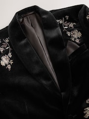 Black Regular Fit Floral Embroidered Velvet Blazer - Image 9 of 9