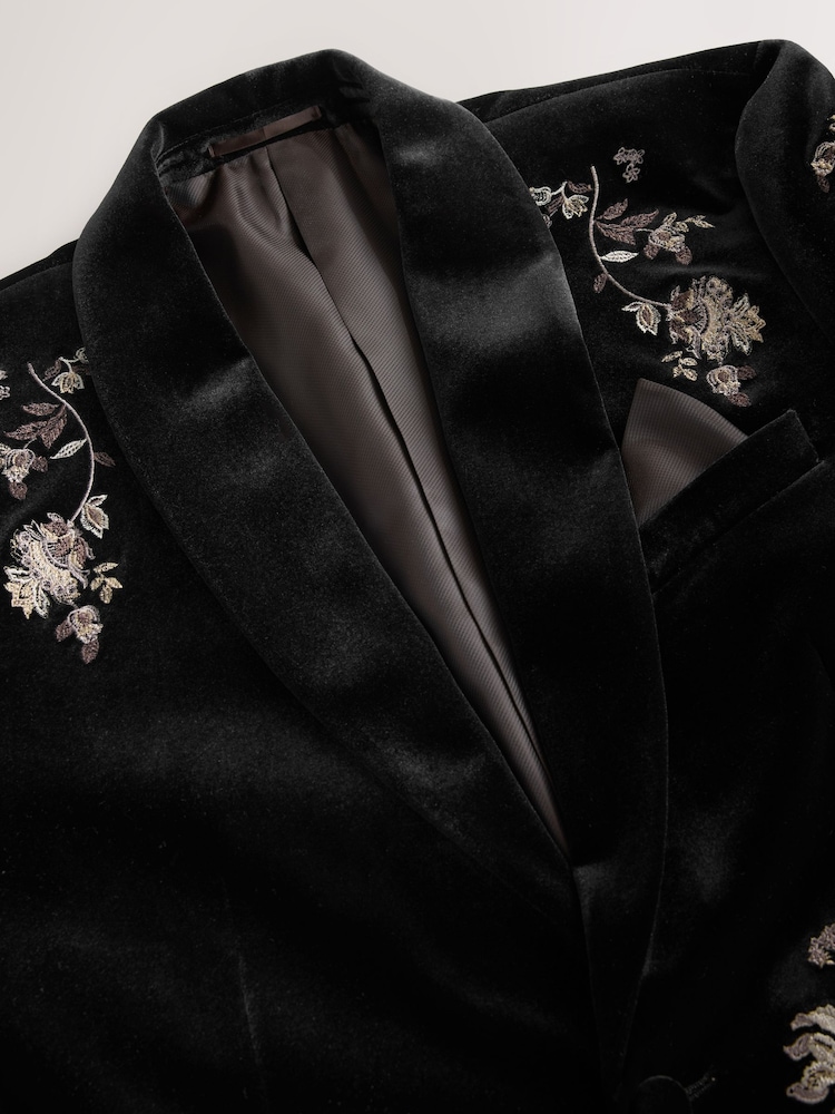 Black Regular Fit Floral Embroidered Velvet Blazer - Image 9 of 9