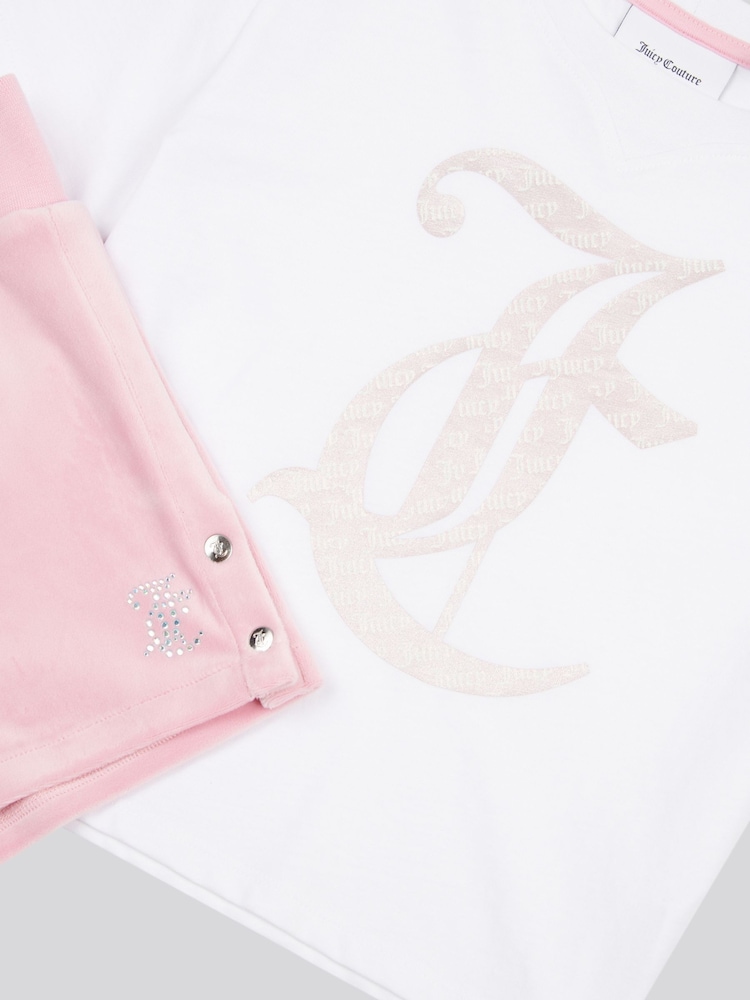 Juicy Couture Pink Girls Boxy T-Shirt & Velour Shorts Set - Image 8 of 10