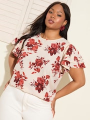 Friends Like These Rose Print Curve Short Ruffle Sleeve Round Neck Blouse - Image 1 of 4
