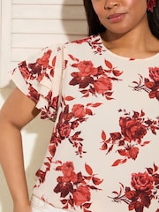 Friends Like These Rose Print Curve Short Ruffle Sleeve Round Neck Blouse - Image 2 of 4