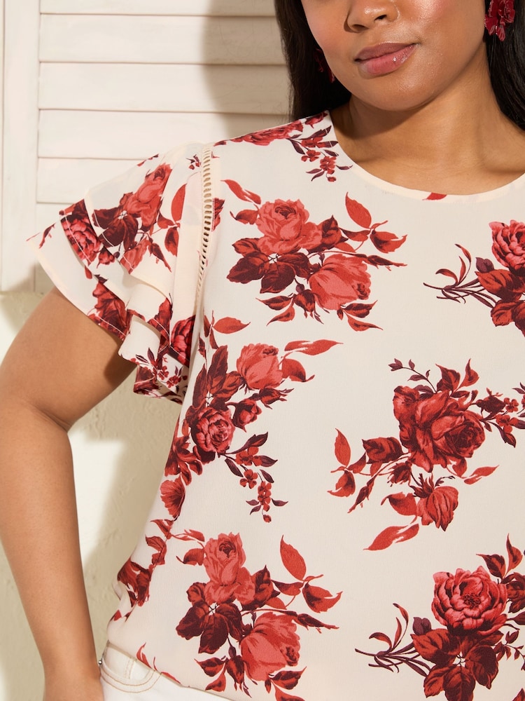 Friends Like These Rose Print Curve Short Ruffle Sleeve Round Neck Blouse - Image 2 of 4 Friends Like These Rose Print Curve Short Ruffle Sleeve Round Neck Blouse - Image 2 of 4