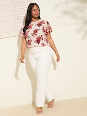 Friends Like These Rose Print Curve Short Ruffle Sleeve Round Neck Blouse - Image 3 of 4