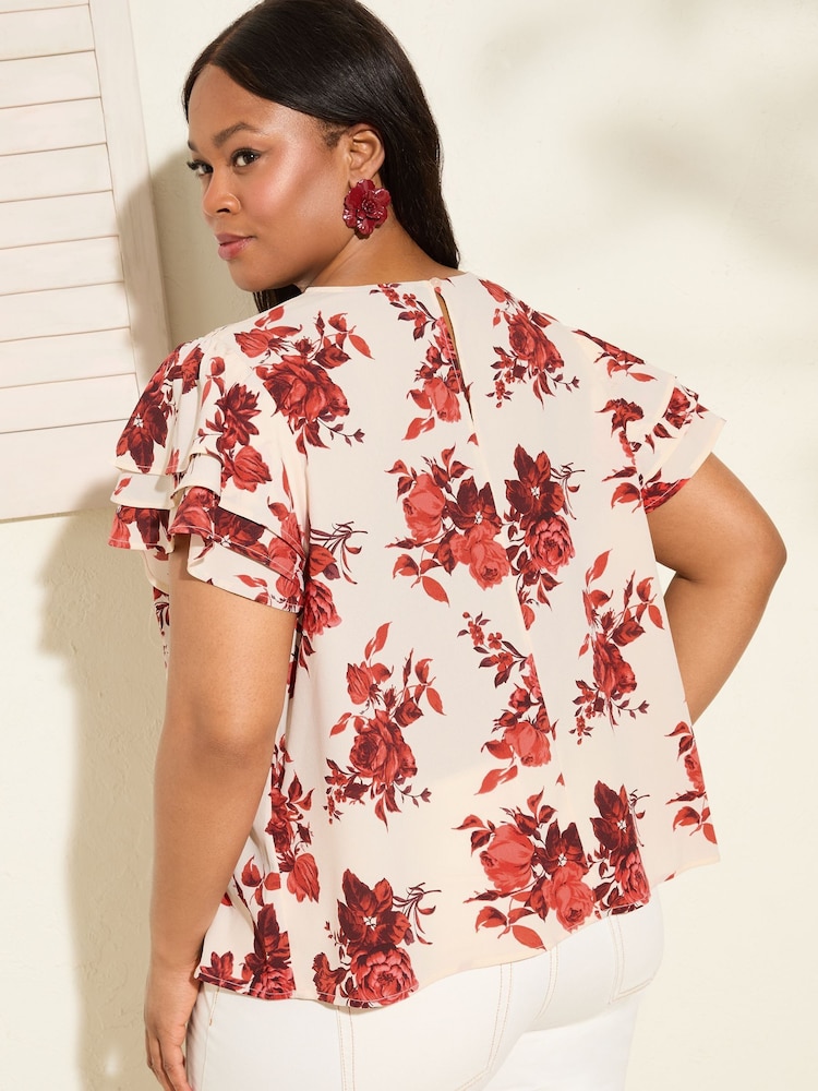 Friends Like These Rose Print Curve Short Ruffle Sleeve Round Neck Blouse - Image 4 of 4 Friends Like These Rose Print Curve Short Ruffle Sleeve Round Neck Blouse - Image 4 of 4