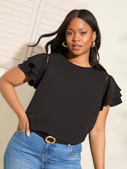 Friends Like These Black Curve Short Ruffle Sleeve Round Neck Blouse - Image 1 of 4