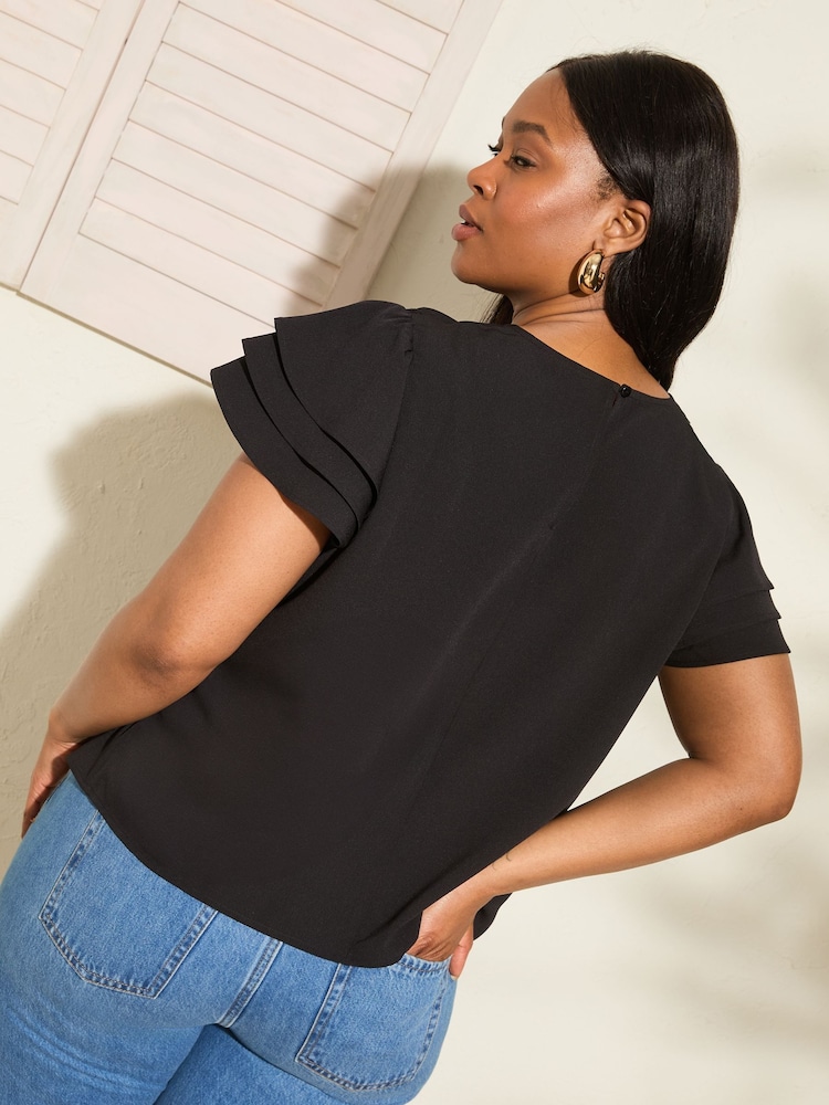 Friends Like These Black Curve Short Ruffle Sleeve Round Neck Blouse - Image 4 of 4
