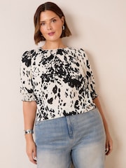 Friends Like These Mocha Print Curve Short Sleeve Shirred Cuff Blouse - Image 1 of 4