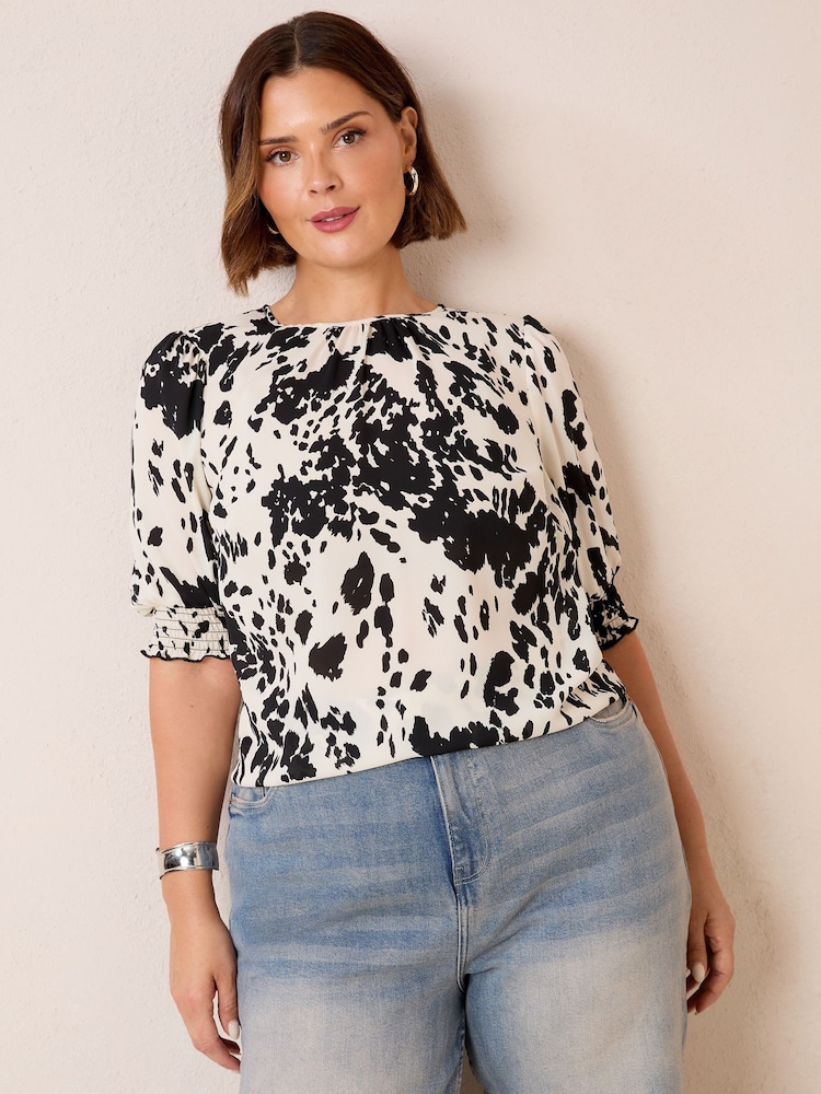 Friends Like These Mocha Print Curve Short Sleeve Shirred Cuff Blouse - Image 1 of 4