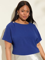 Friends Like These Cobalt Blue Curve Short Sleeve Blouse With Gold Detail - Image 1 of 4