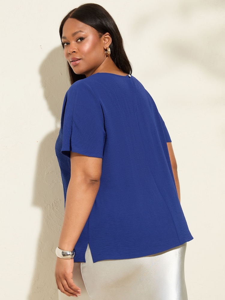 Friends Like These Cobalt Blue Curve Short Sleeve Blouse With Gold Detail - Image 4 of 4