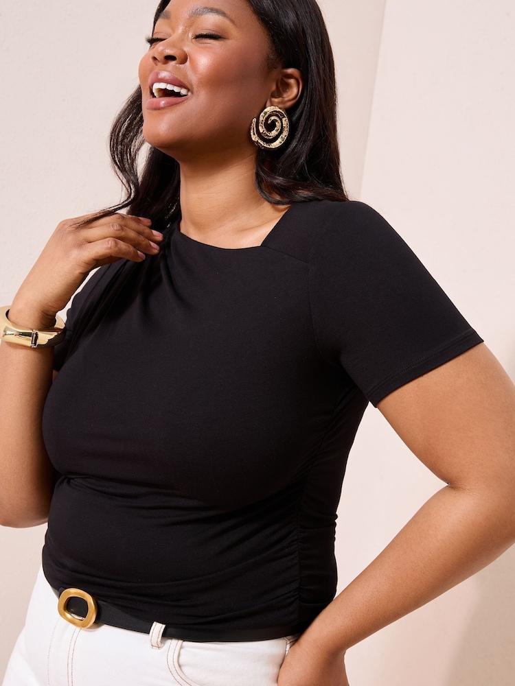 Friends Like These Black Curve Short Sleeve Assymetric Jersey Top - Image 1 of 5 Friends Like These Black Curve Short Sleeve Assymetric Jersey Top - Image 1 of 5