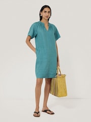 Jigsaw Blue 100% Linen Smocked T-Shirt Dress - Image 3 of 5