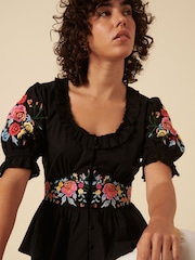 Nobodys Child Black Embroidered Floral Print Flossie Top - Image 1 of 5