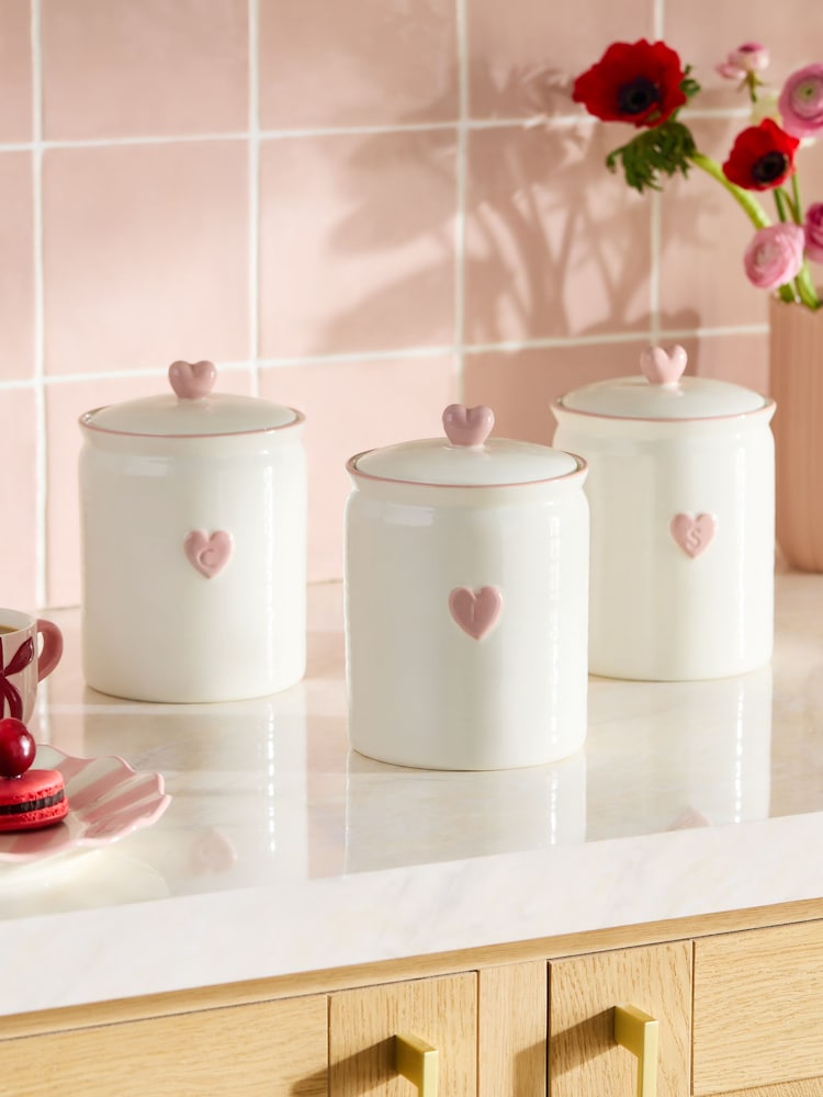 Set of 3 Pink Heart Ceramic Storage Jars - Image 2 of 4 Set of 3 Pink Heart Ceramic Storage Jars - Image 2 of 4