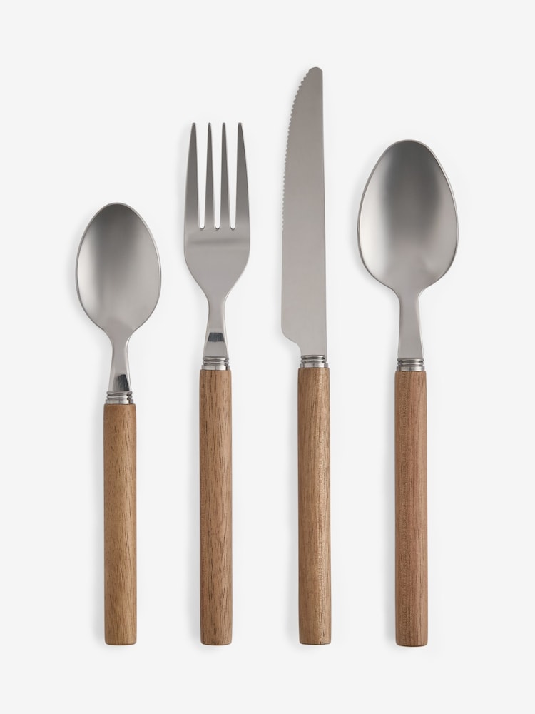 16 Piece Silver Stainless Steel Wood Handle Cutlery Set - Image 7 of 7 16 Piece Silver Stainless Steel Wood Handle Cutlery Set - Image 7 of 7
