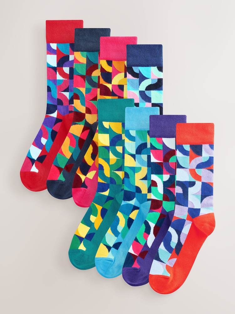 Bright Red/Green Geo Pattern Socks 8 Pack - Image 1 of 11