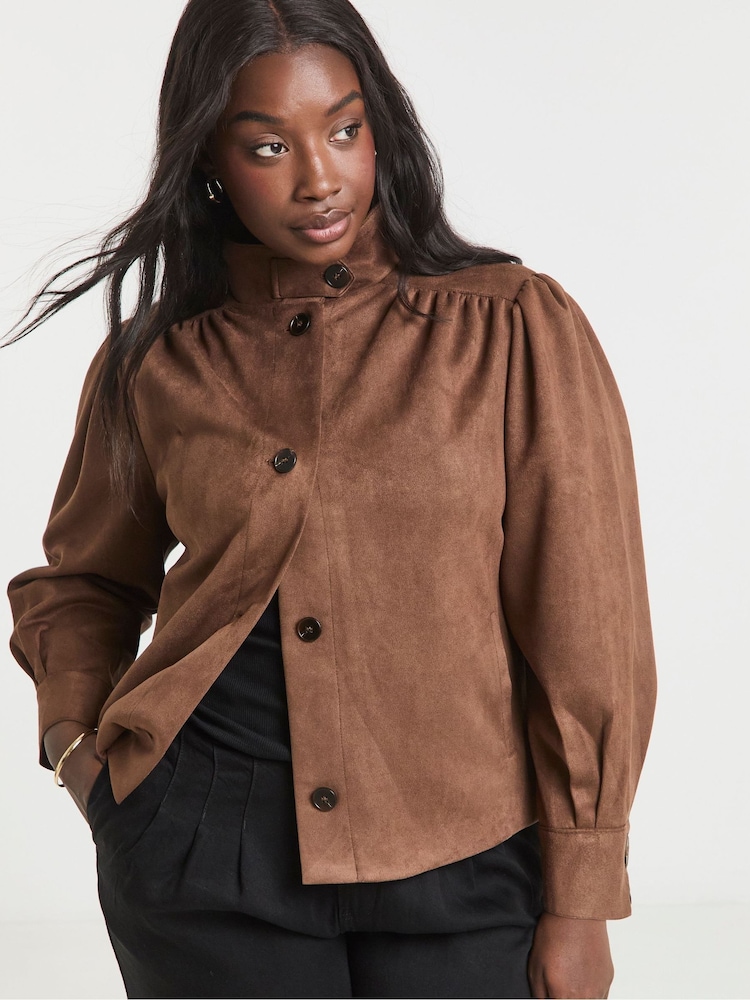 Simply Be Brown Funnel Neck Suedette Jacket - Image 1 of 4