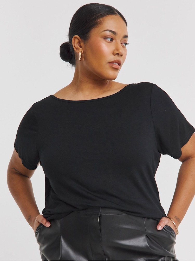 Simply Be Black Short Sleeve Satin Bow Back Top - Image 1 of 4