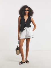 Simply Be White Trim Detail Cheesecloth 100% Cotton Shorts - Image 1 of 5