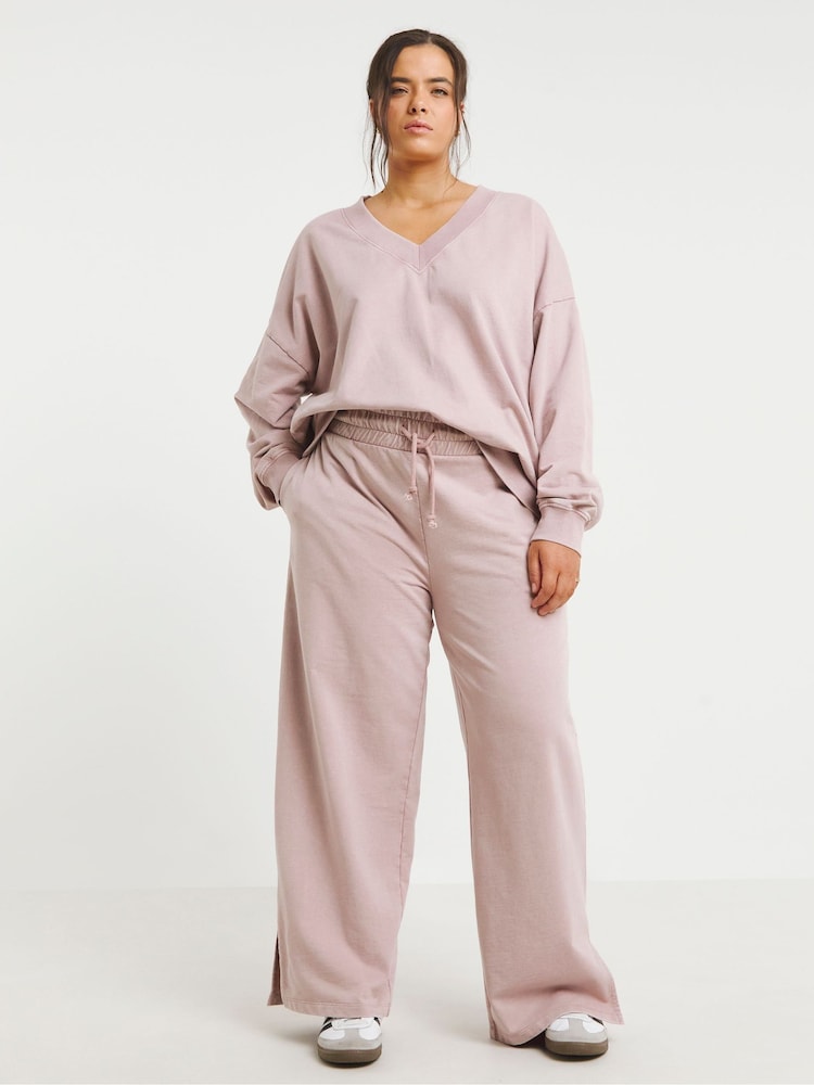 Simply Be Pink Deep Waistband Wide Leg Joggers With Side Split - Image 1 of 4