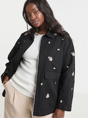 Simply Be Black Floral Embroidered Utility 100% Cotton Shacket - Image 1 of 4