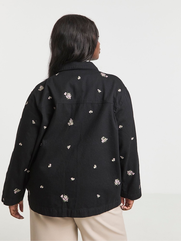 Simply Be Black Floral Embroidered Utility 100% Cotton Shacket - Image 2 of 4