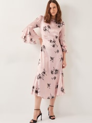 Monsoon Pink Pelia Floral Print Satin Ruffle Midi Dress - Image 1 of 6