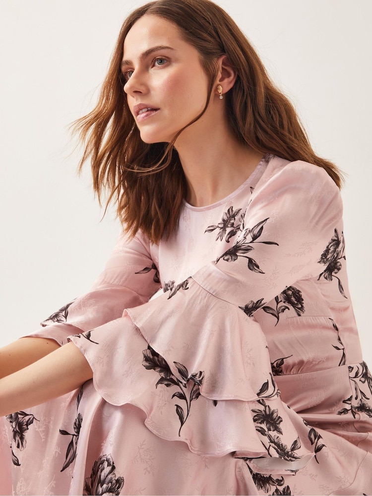 Monsoon Pink Pelia Floral Print Satin Ruffle Midi Dress - Image 2 of 6