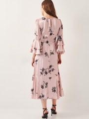 Monsoon Pink Pelia Floral Print Satin Ruffle Midi Dress - Image 3 of 6