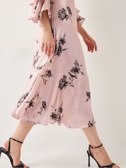 Monsoon Pink Pelia Floral Print Satin Ruffle Midi Dress - Image 4 of 6