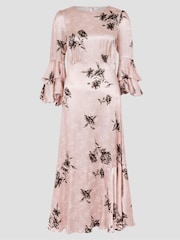 Monsoon Pink Pelia Floral Print Satin Ruffle Midi Dress - Image 6 of 6