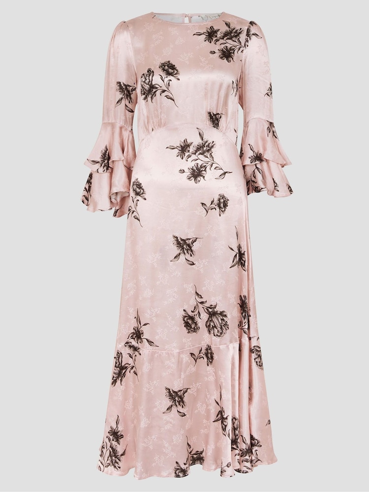 Monsoon Pink Pelia Floral Print Satin Ruffle Midi Dress - Image 6 of 6