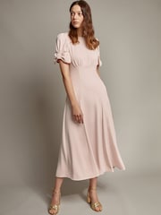 Monsoon Pink Belle Bow Sleeve Midi Dress - Image 1 of 5