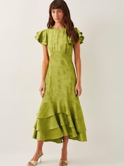 Monsoon Green Ester Satin Ruffle Midi Dress - Image 1 of 5