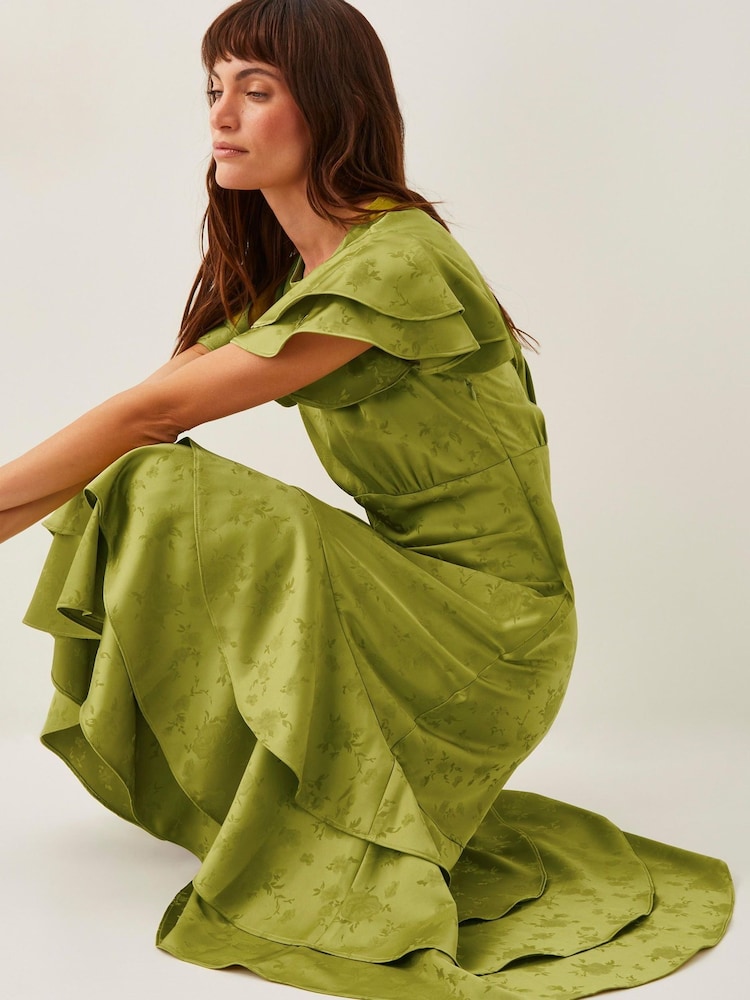 Monsoon Green Ester Satin Ruffle Midi Dress - Image 2 of 5