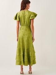 Monsoon Green Ester Satin Ruffle Midi Dress - Image 3 of 5