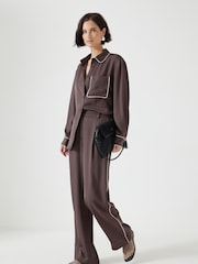 Hush Brown Piping Detail Wide Leg Trousers - Image 3 of 5