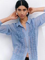 Hush Blue Sky Long Sleeve Ruffle Sheer Shirt - Image 1 of 5