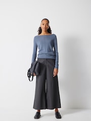 Hush Blue Fine Knit Slash Neck Seam Detail T-Shirts - Image 1 of 5