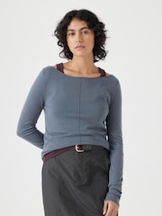 Hush Blue Fine Knit Slash Neck Seam Detail T-Shirts - Image 2 of 5