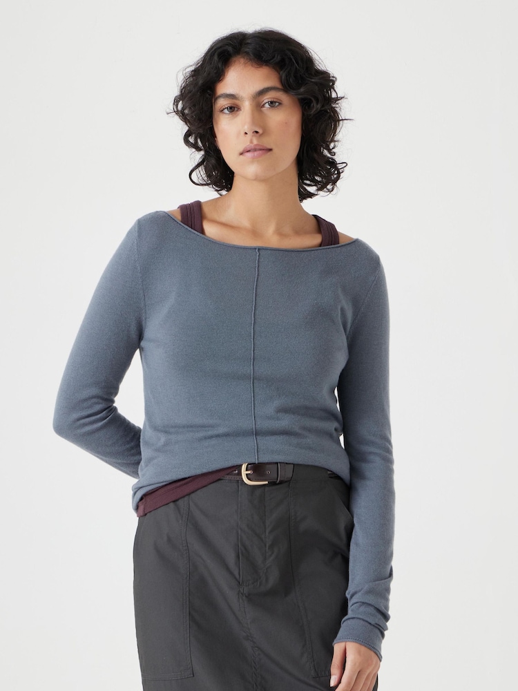 Hush Blue Fine Knit Slash Neck Seam Detail T-Shirts - Image 2 of 5