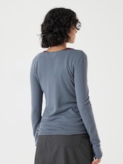 Hush Blue Fine Knit Slash Neck Seam Detail T-Shirts - Image 4 of 5