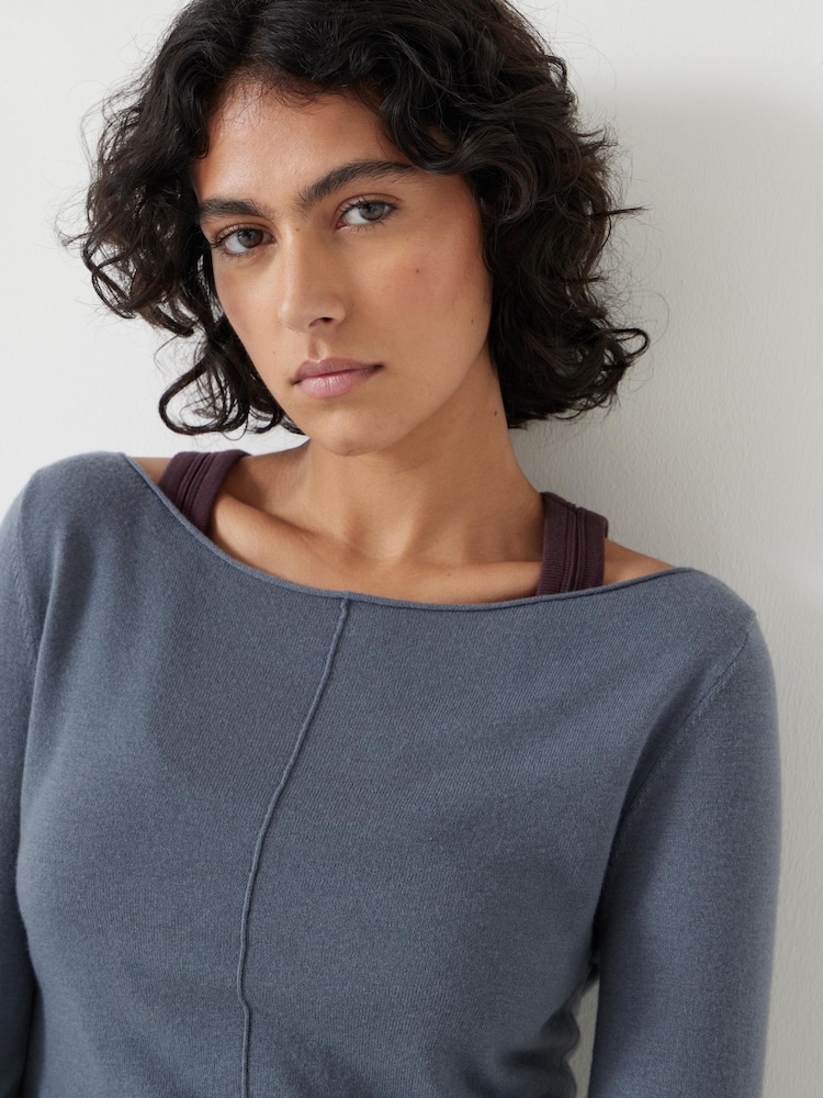 Hush Blue Fine Knit Slash Neck Seam Detail T-Shirts - Image 5 of 5