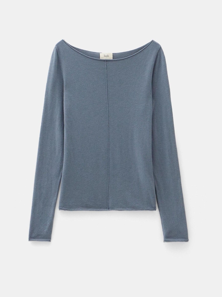 Hush Blue Fine Knit Slash Neck Seam Detail T-Shirts - Image 6 of 6