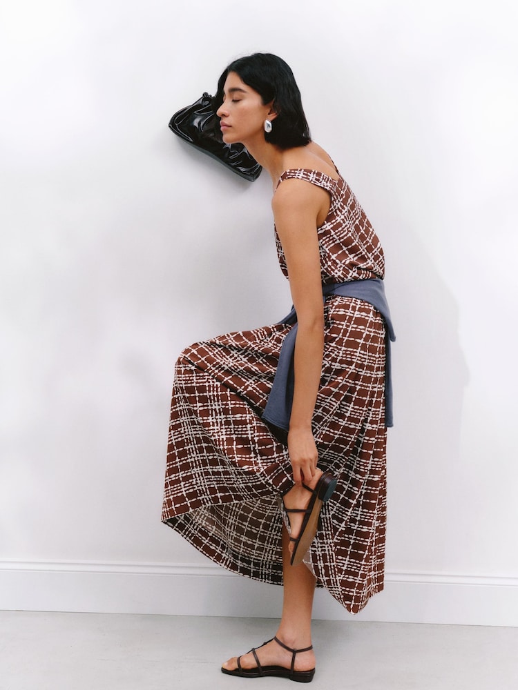 Hush Brown Pleated Satin Midi Twill Skirt - Image 1 of 6
